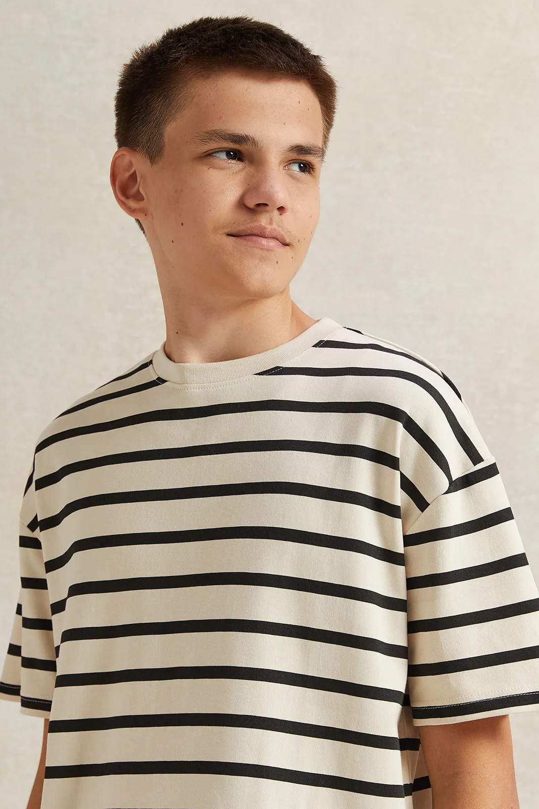 Senior Boys Beige Striped Black T-Shirt