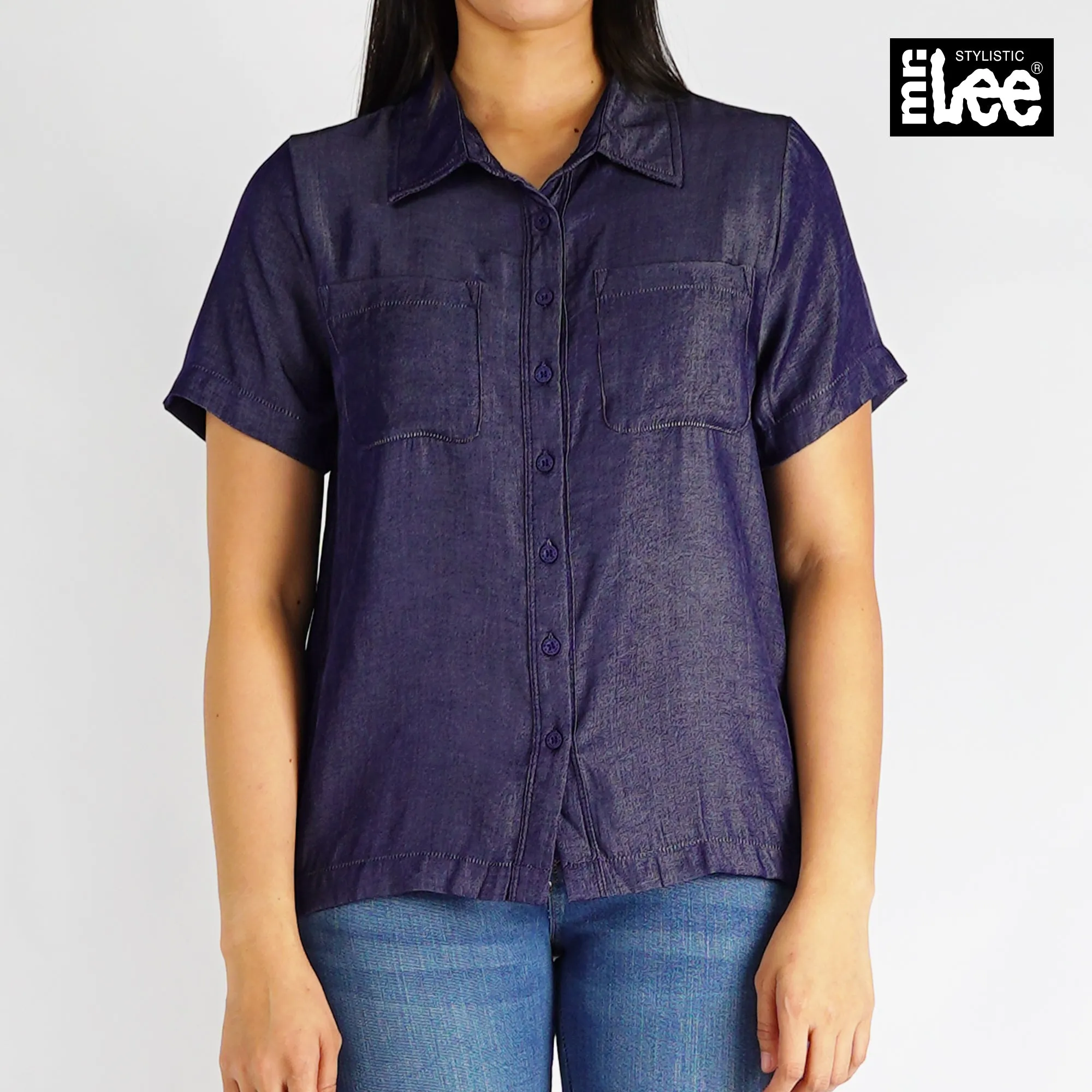 Stylistic Mr. Lee Ladies Basic Woven Button Down Short Sleeve for Women Trendy Fashion High Quality Apparel Comfortable Casual shirt for Women Relaxed Fit 145671 (Blue)