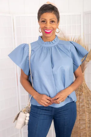 THML Tell Me About It Blue Faux Leather Flutter Sleeve Top
