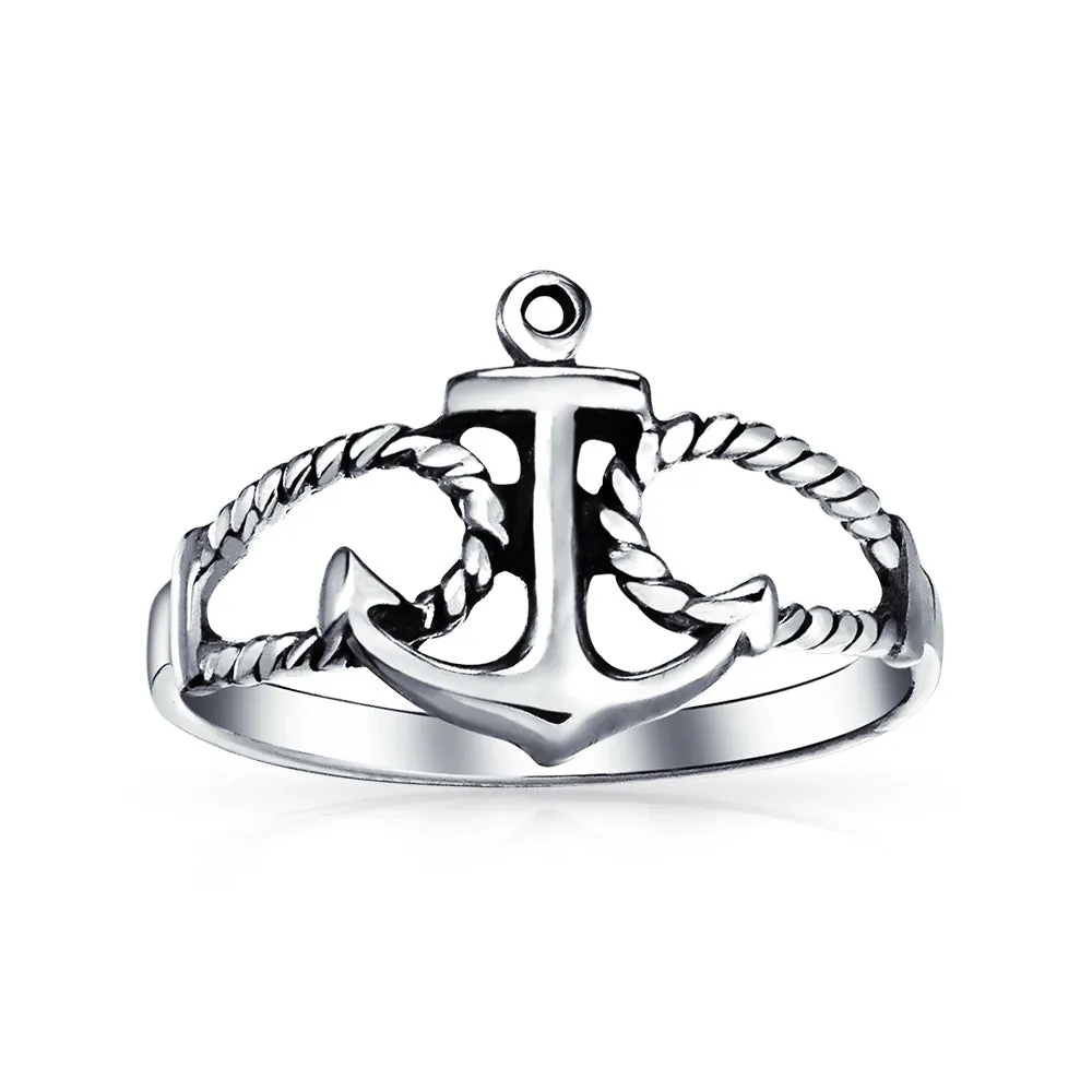 Tropical Beach Nautical Silver Ring with Anchor Band in Oxidized Sterling