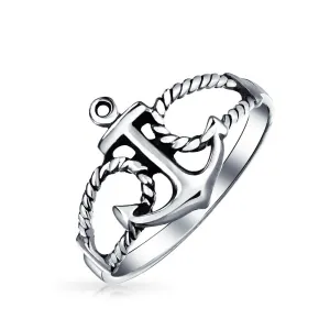 Tropical Beach Nautical Silver Ring with Anchor Band in Oxidized Sterling