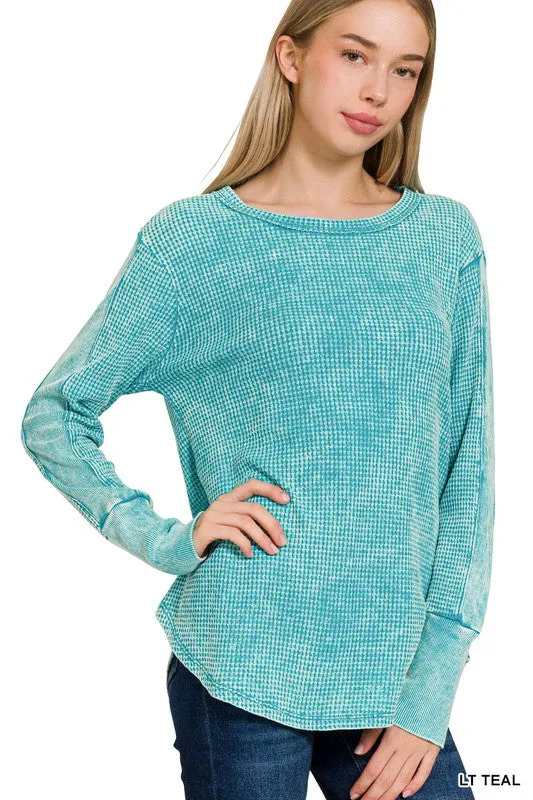 Waffley Yours Light Teal Long Sleeve Waffle Top (Size Large)