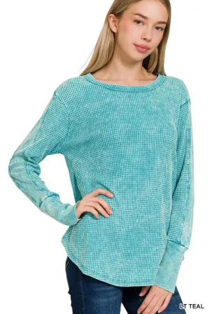 Waffley Yours Light Teal Long Sleeve Waffle Top (Size Large)