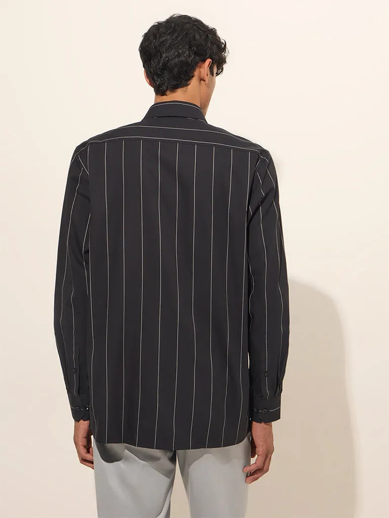 WES Formals Black Striped Slim-Fit Cotton Shirt