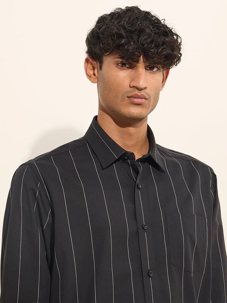 WES Formals Black Striped Slim-Fit Cotton Shirt