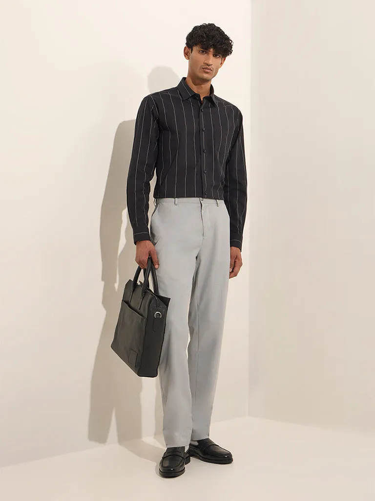 WES Formals Black Striped Slim-Fit Cotton Shirt