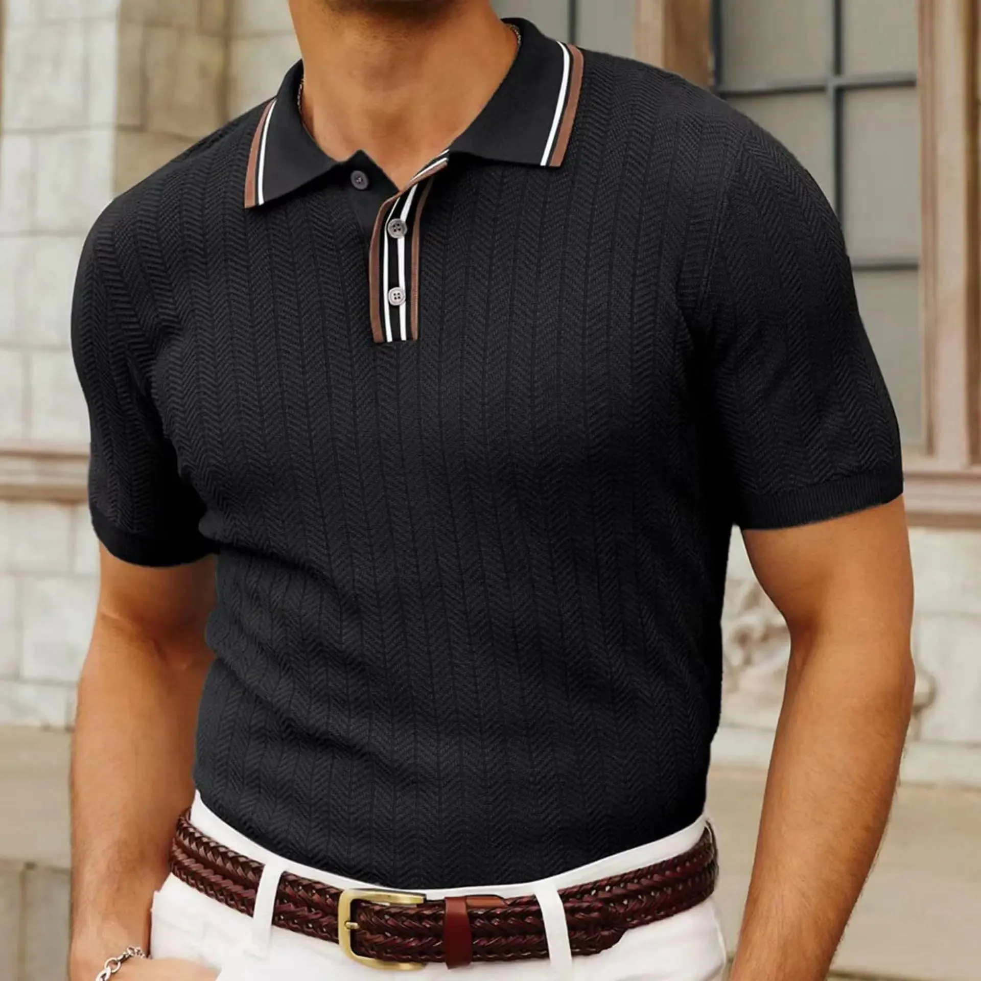 Wiaofellas   -  Men's Summer High Quality Polo Shirts Fashion Knitting Short Sleeve Solid Stripes Tees Male Loose Lapel Casual Polo Shirts