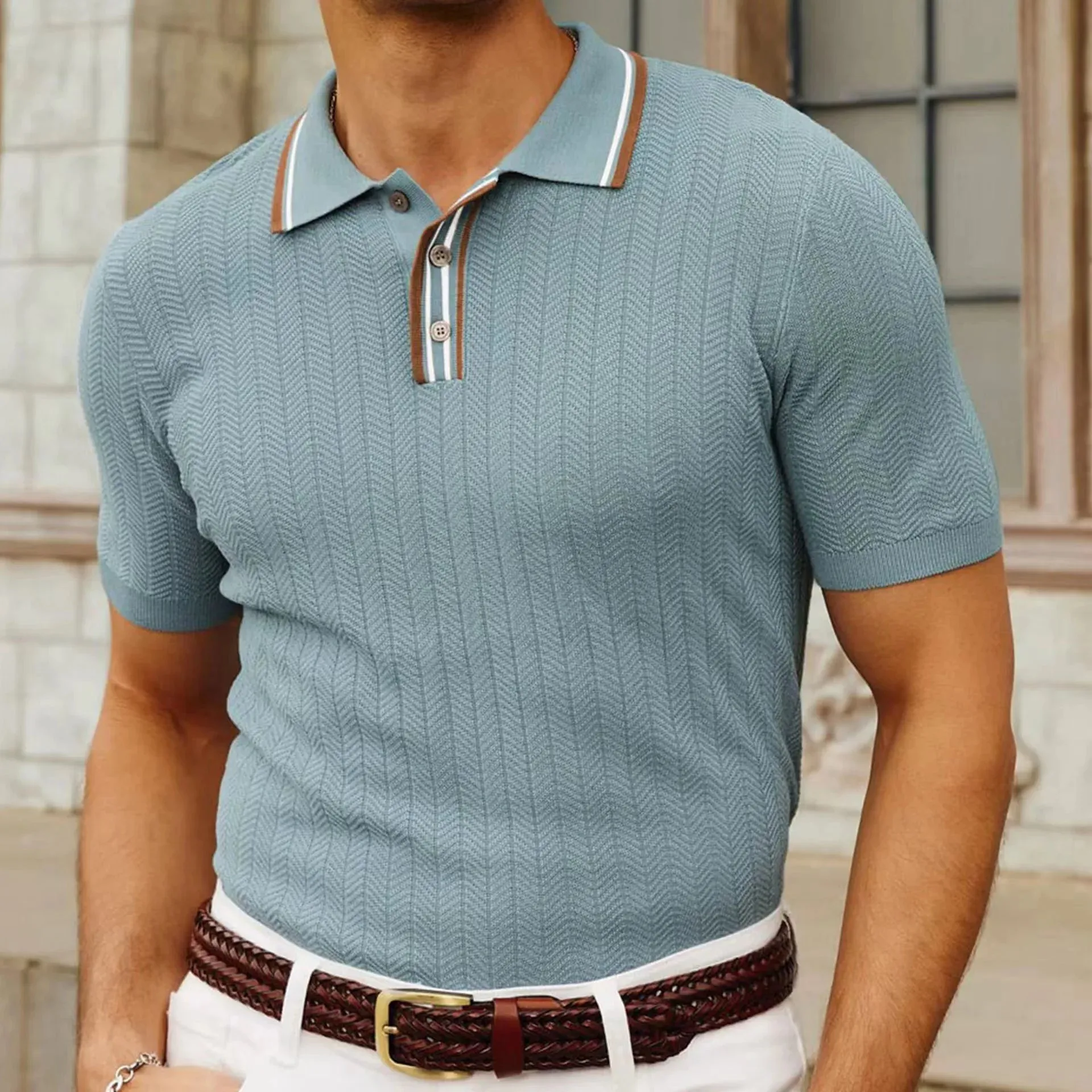 Wiaofellas   -  Men's Summer High Quality Polo Shirts Fashion Knitting Short Sleeve Solid Stripes Tees Male Loose Lapel Casual Polo Shirts