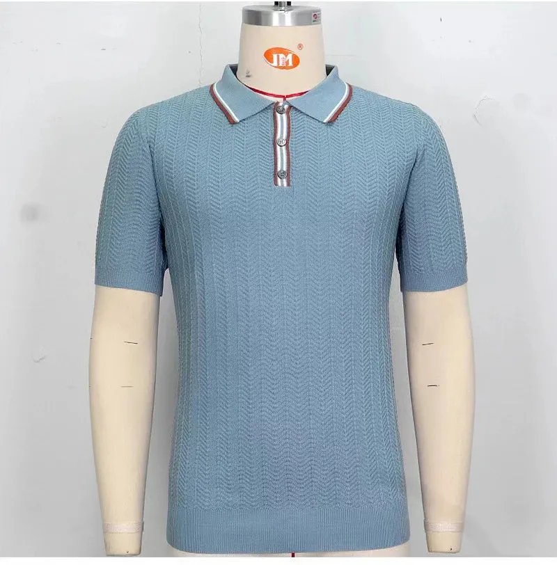 Wiaofellas   -  Men's Summer High Quality Polo Shirts Fashion Knitting Short Sleeve Solid Stripes Tees Male Loose Lapel Casual Polo Shirts