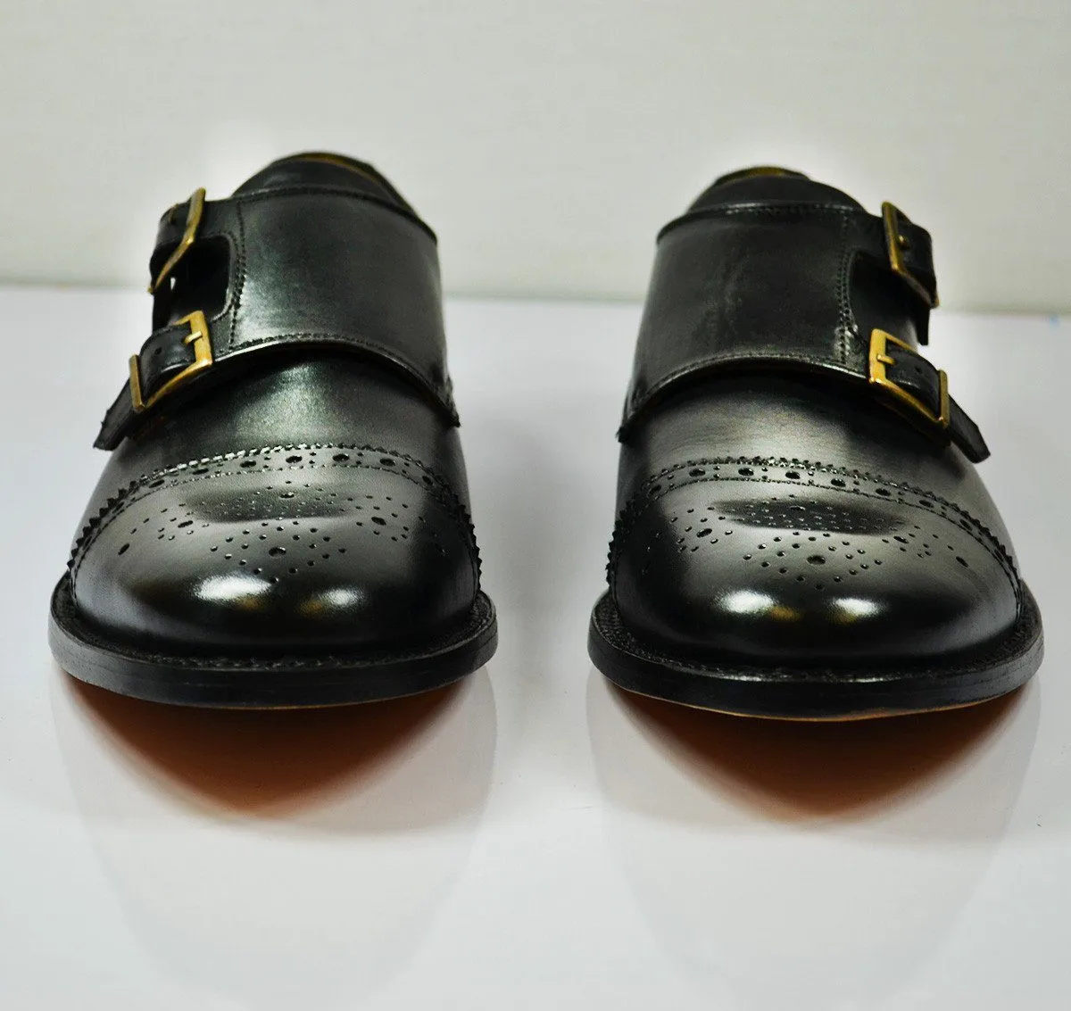 WILLIAMS Black Full Leather Monk Strap Dress Shoes