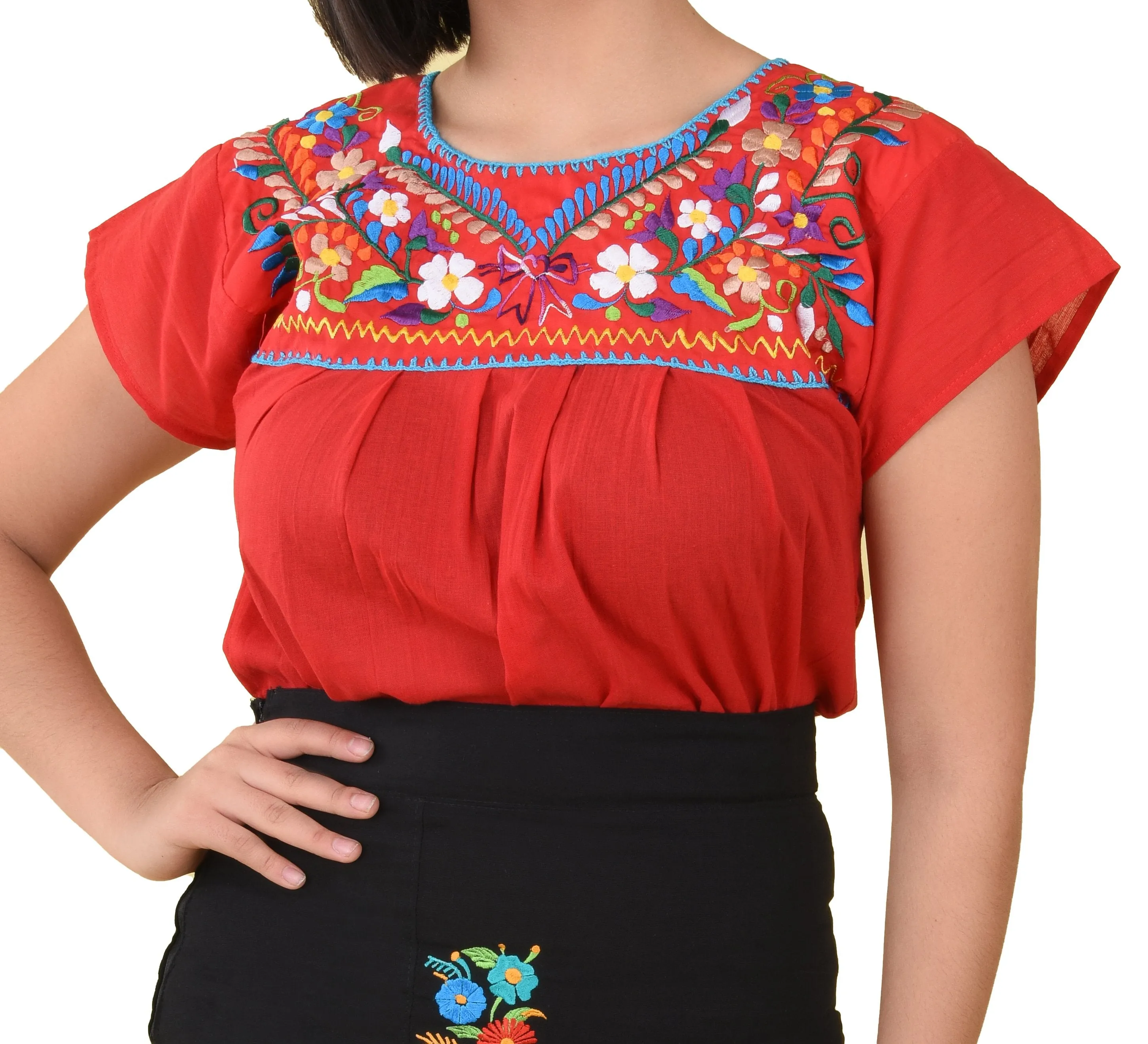 Womens Traditional Embroidered Manta Shirt Floral Neckline Red
