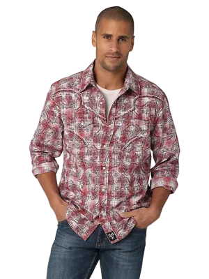 Wrangler Men's Rock 47 Long Sleeve Western Snaps Overprint Red Print Shirt